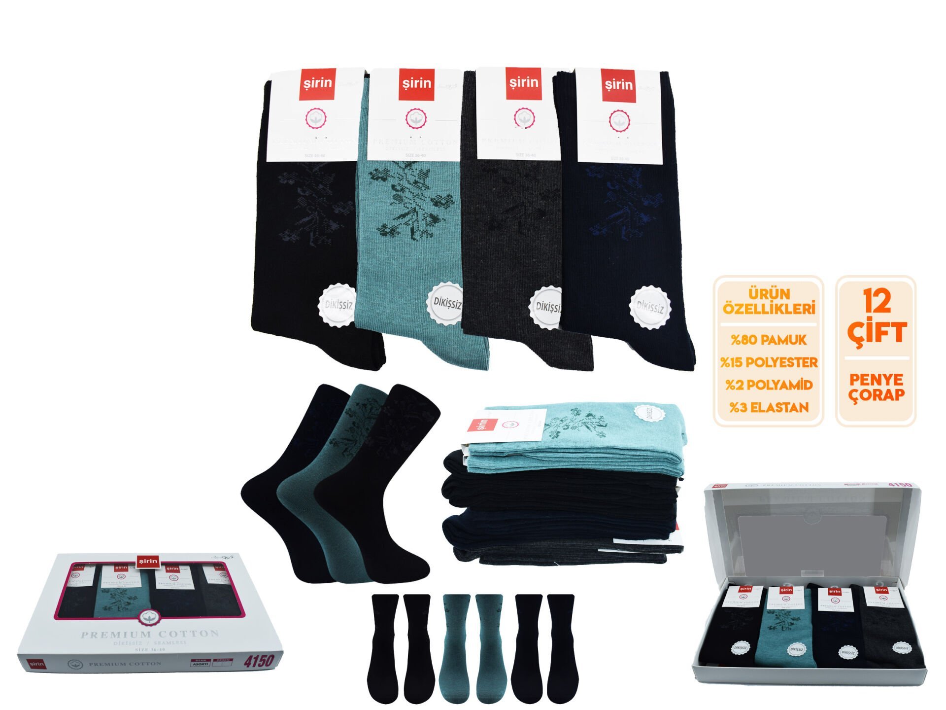 Şirin 4150-109 (36-40) Dikişsiz Bayan Penye Çorap 12'li
