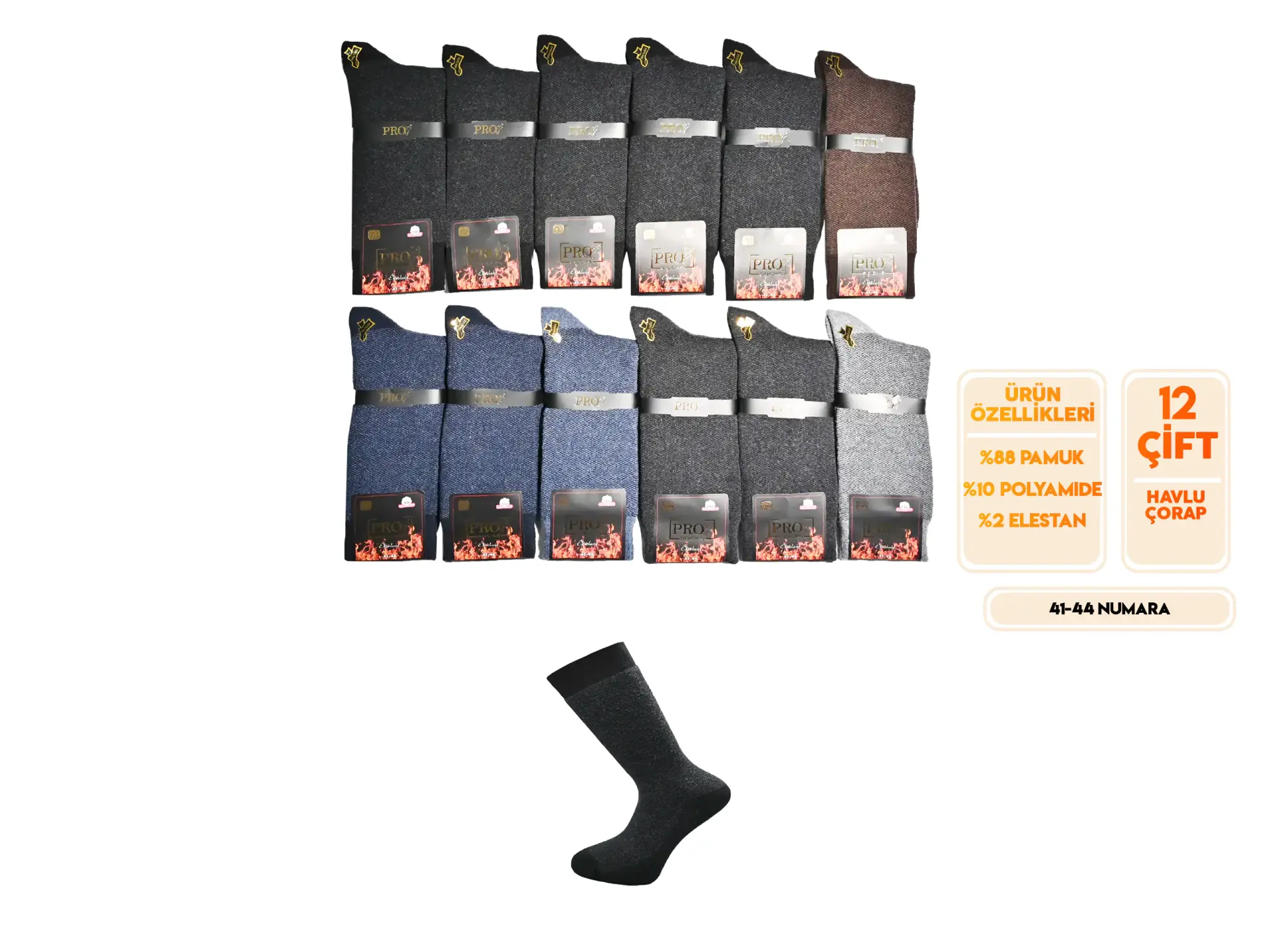 Pro 14614 (41-44) Dikişsiz Havlu Erkek Çorap 12'li