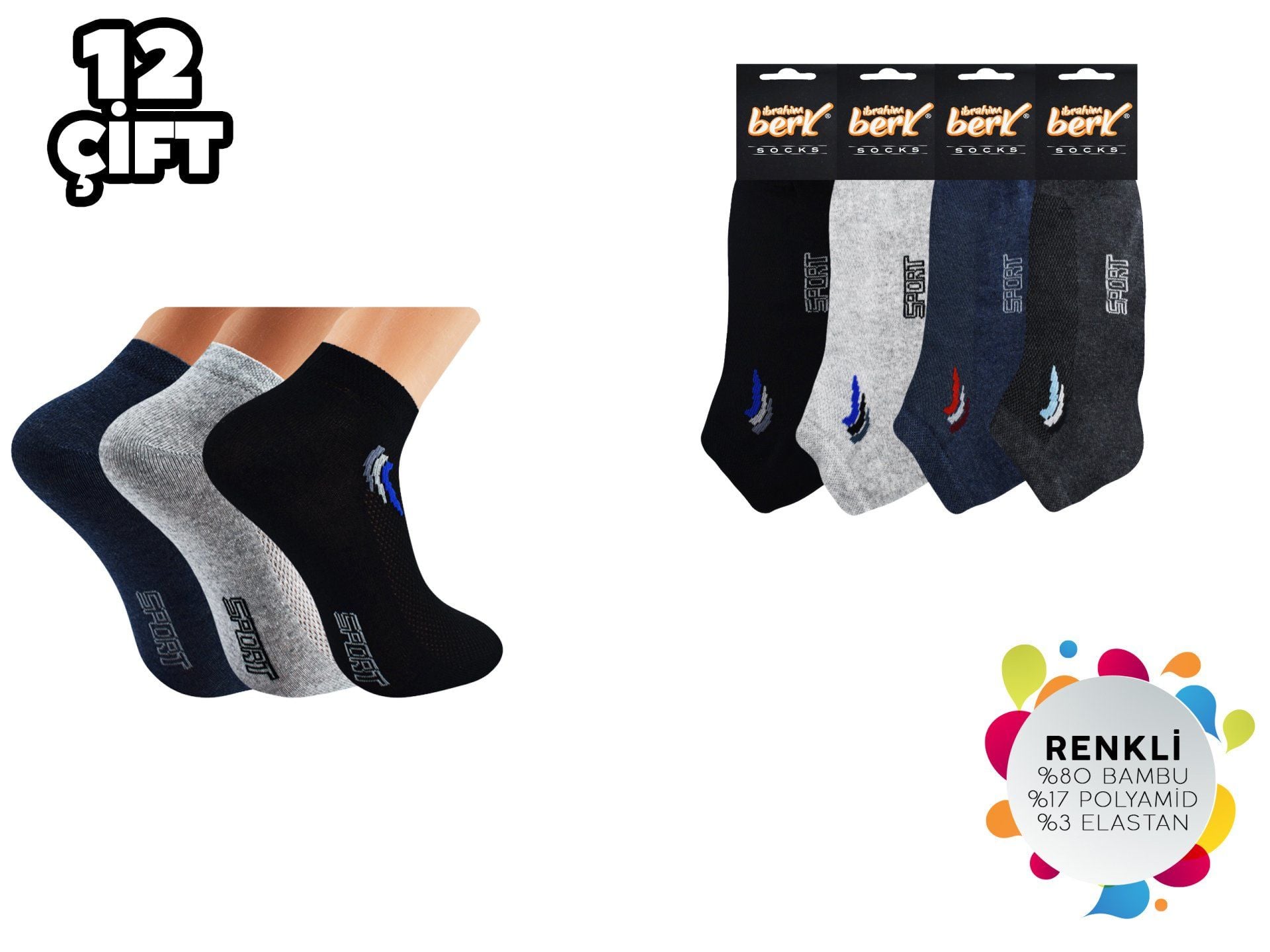 İbrahim Berk 11-10 Erkek Likralı Patik Çorap 12'li