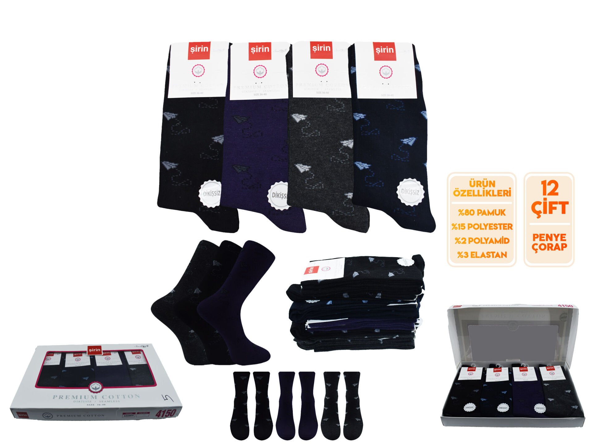 Şirin 4150-104 (36-40) Dikişsiz Bayan Penye Çorap 12'li