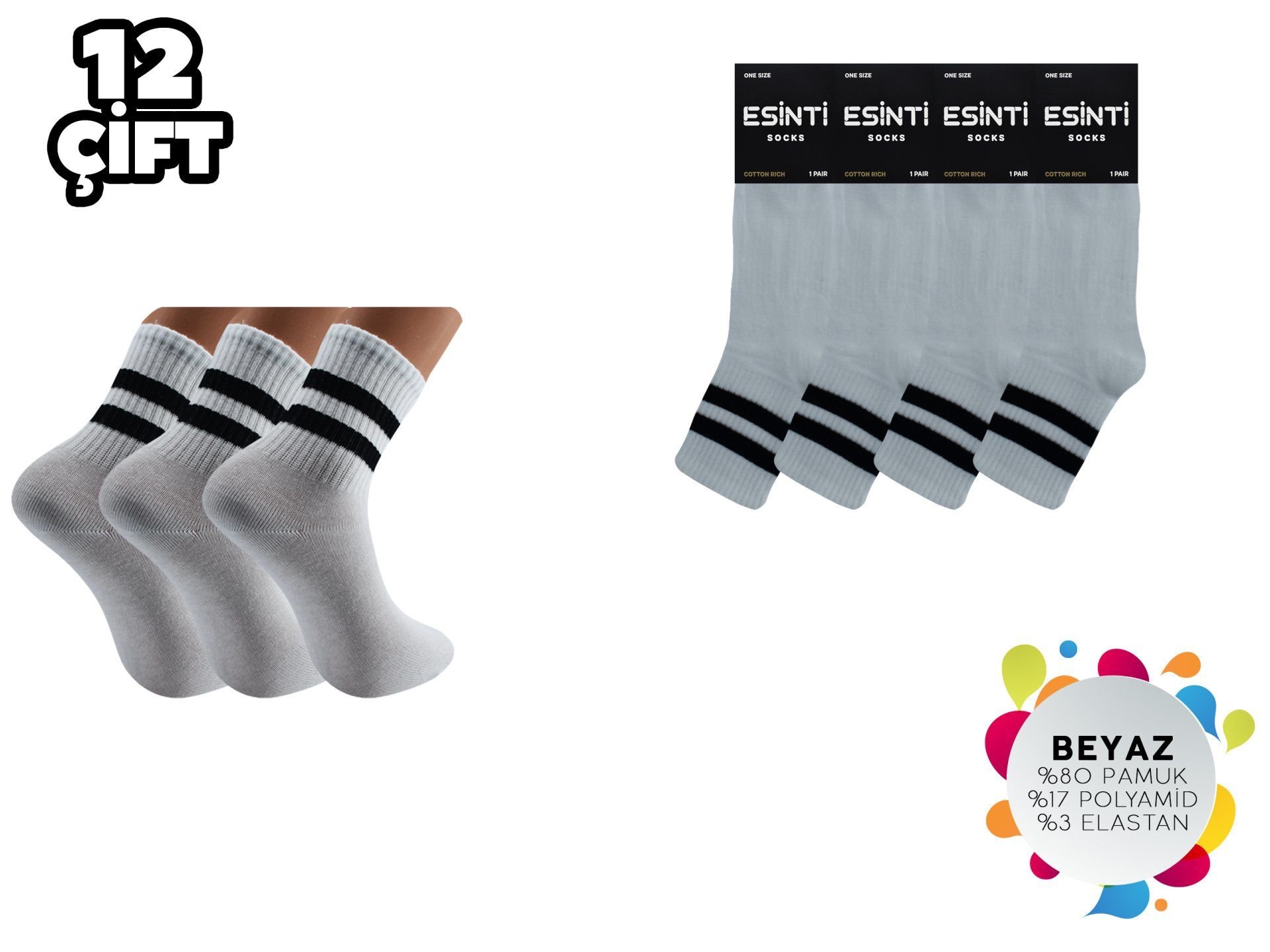 Esinti Beyaz Çemberli Bayan Kolej Çorap 12'li