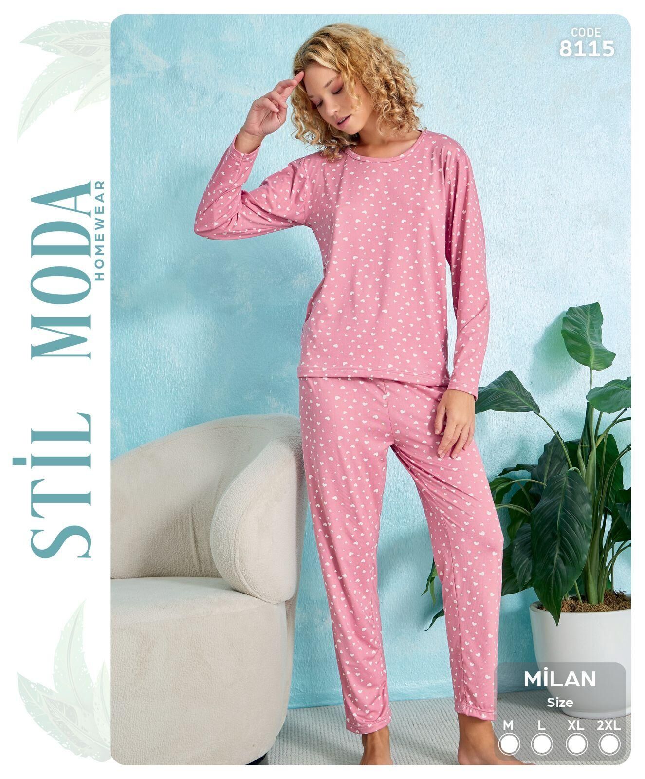 Stil Moda 8115 (M-L-XL-XXL) Milan Bayan Uzun Kol Pijama Takım 4'lü