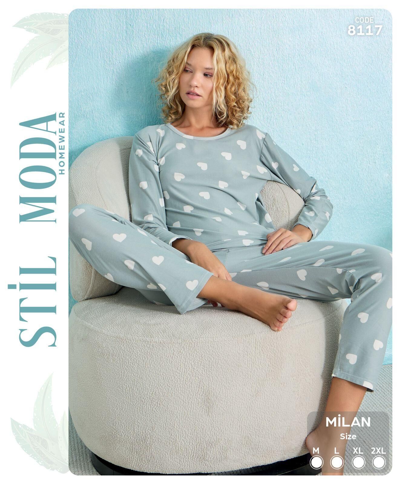Stil Moda 8117 (M-L-XL-XXL) Milan Bayan Uzun Kol Pijama Takım 4'lü