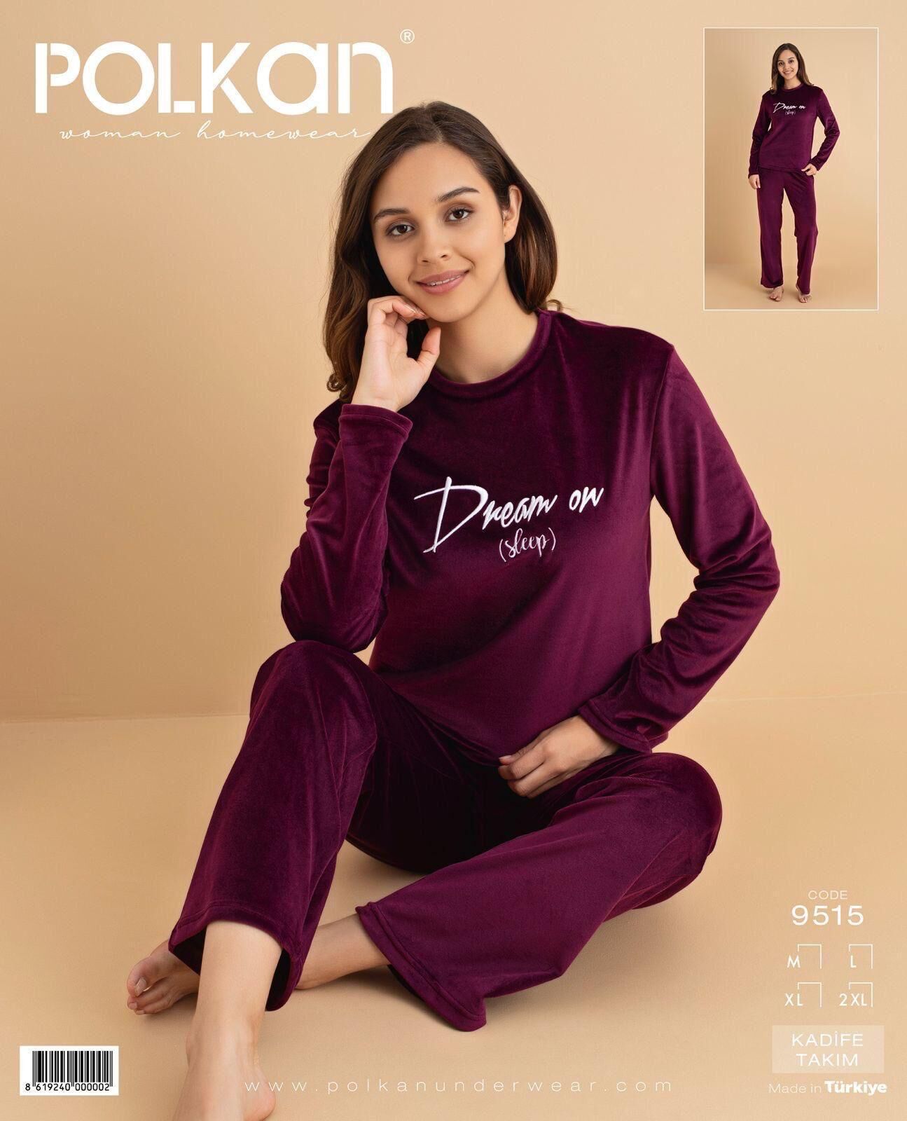 Polkan 9515 (M-L-XL-XXL) Kadife Uzun Kollu Bayan Pijama Takım 4'lü