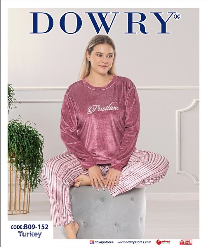 Dowry B09-152 (2XL-3XL-4XL-5XL) Uzun Kollu Bayan Kadife Pijama Takımı 4'lü