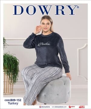 Dowry B09-152 (2XL-3XL-4XL-5XL) Uzun Kollu Bayan Kadife Pijama Takımı 4'lü