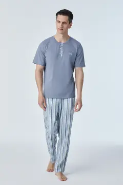 Pijadore 2116 (M-L-XL-XXL) Kısa Kollu Üç Düğmeli Erkek Pijama Takım 4'lü
