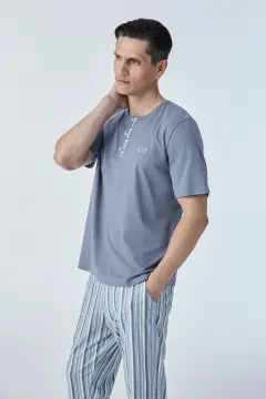 Pijadore 2116 (M-L-XL-XXL) Kısa Kollu Üç Düğmeli Erkek Pijama Takım 4'lü