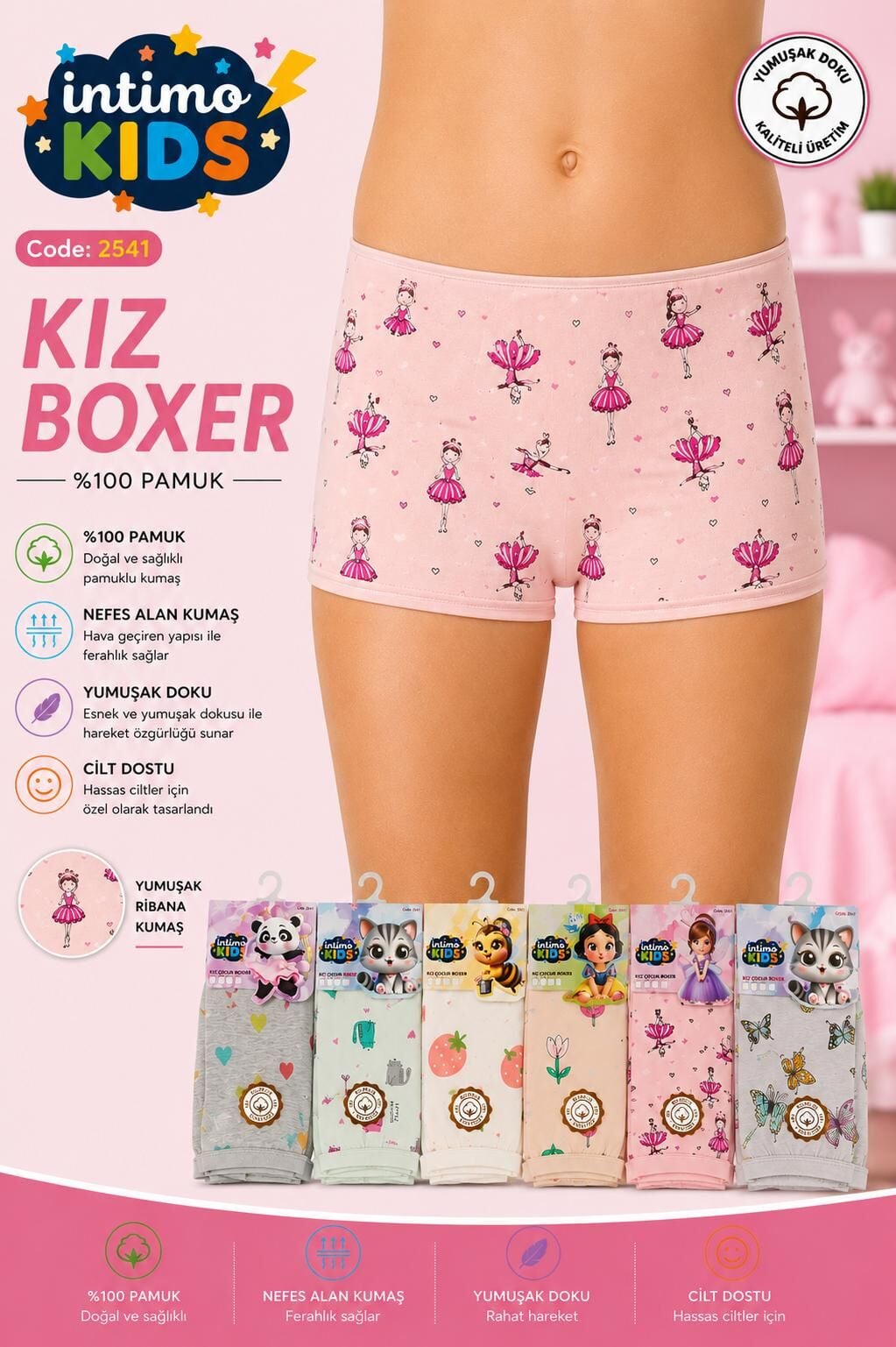 İntimo 2541 Desenli Kız Çocuk Boxer 6'lı