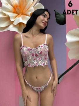 Cansoy 684 Pembe Çiçekli Balenli Desteksiz Bustiyer Takım 6'lı