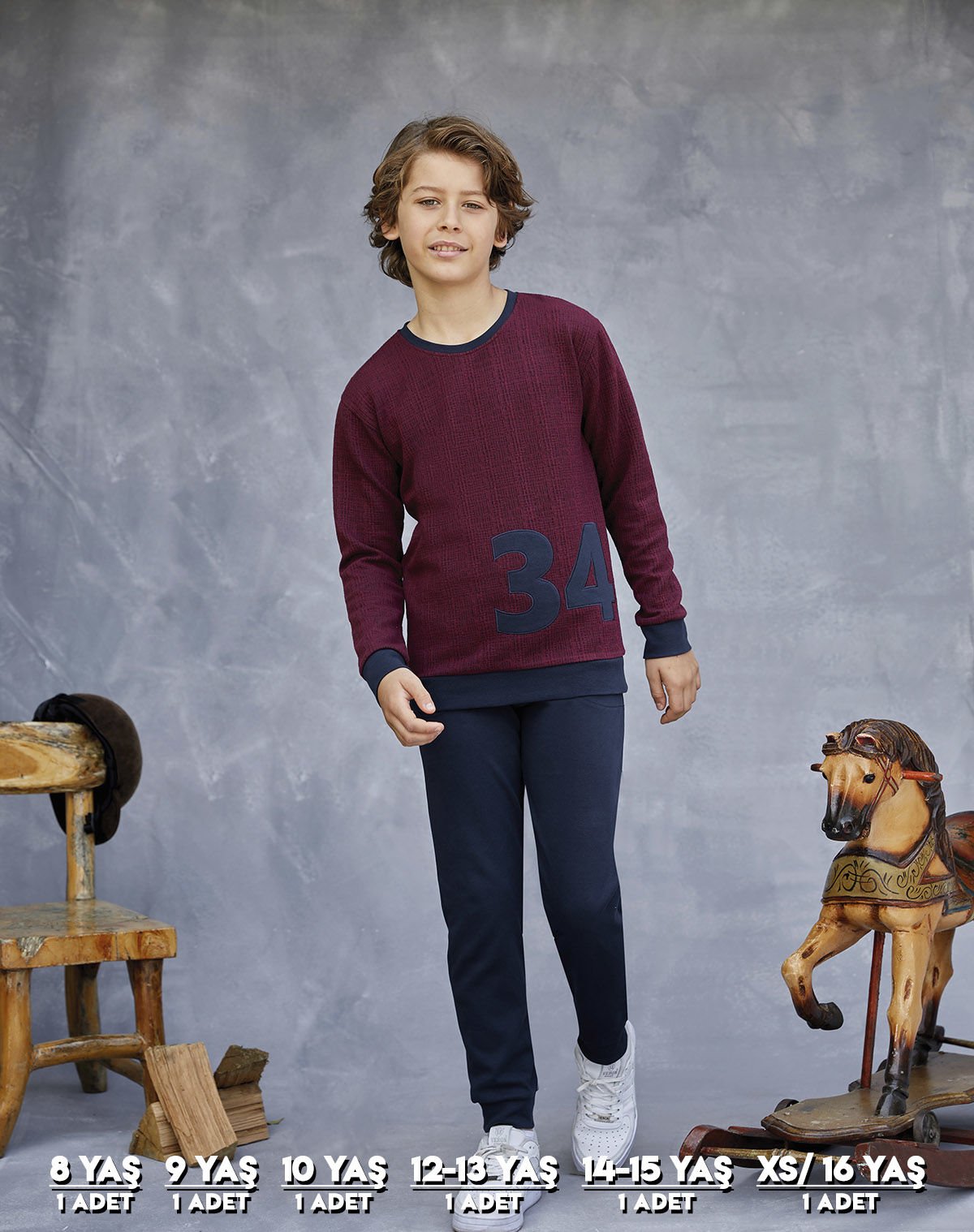 Elsima 3166 Erkek Çocuk Uzun Kollu Pijama Takımı 6'lı (8-16YAŞ) BORDO - SERİ-6-LI