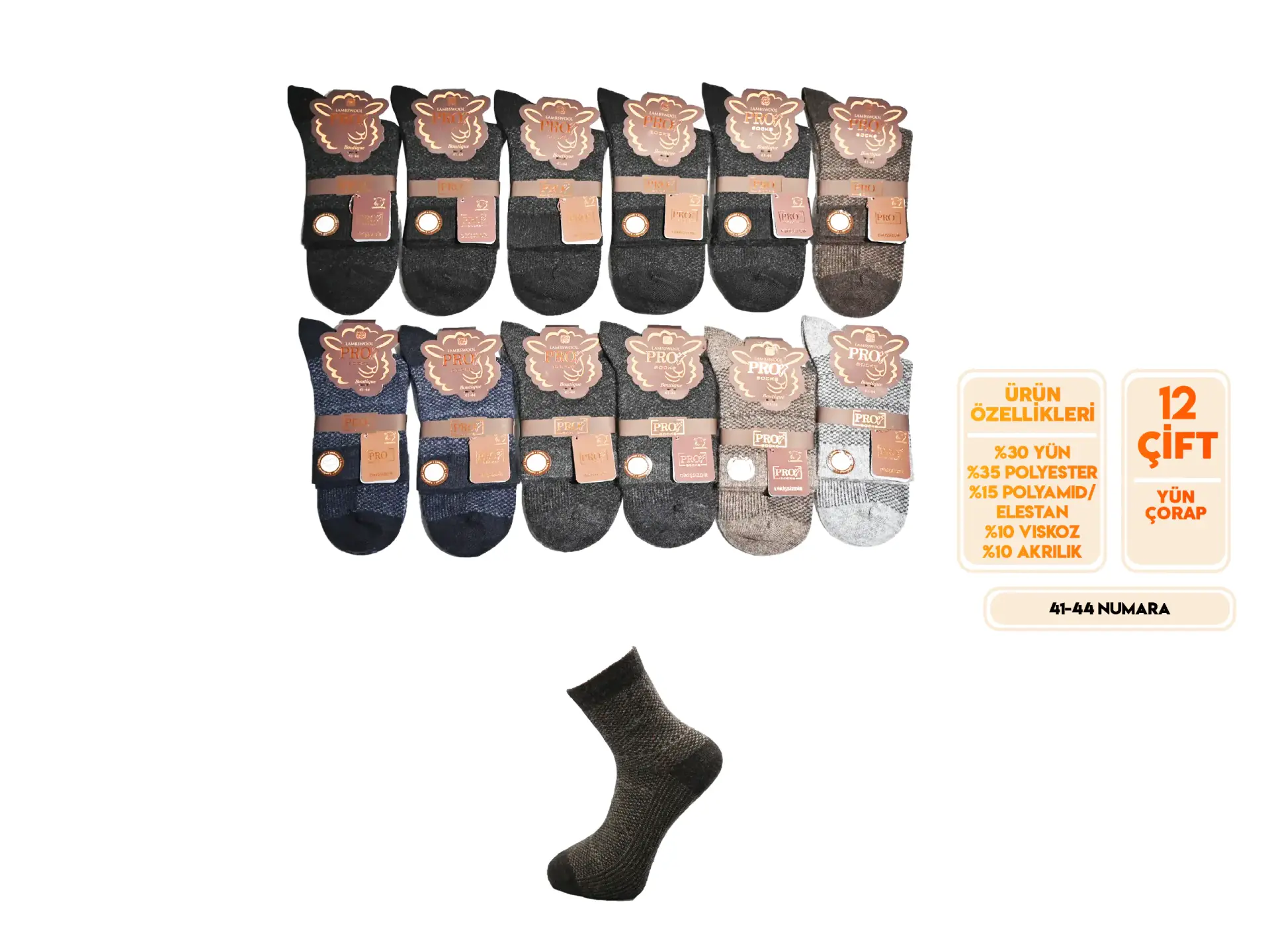 Pro 13454 (41-44) Dikişsiz Lambswool Erkek Çorap 12'li