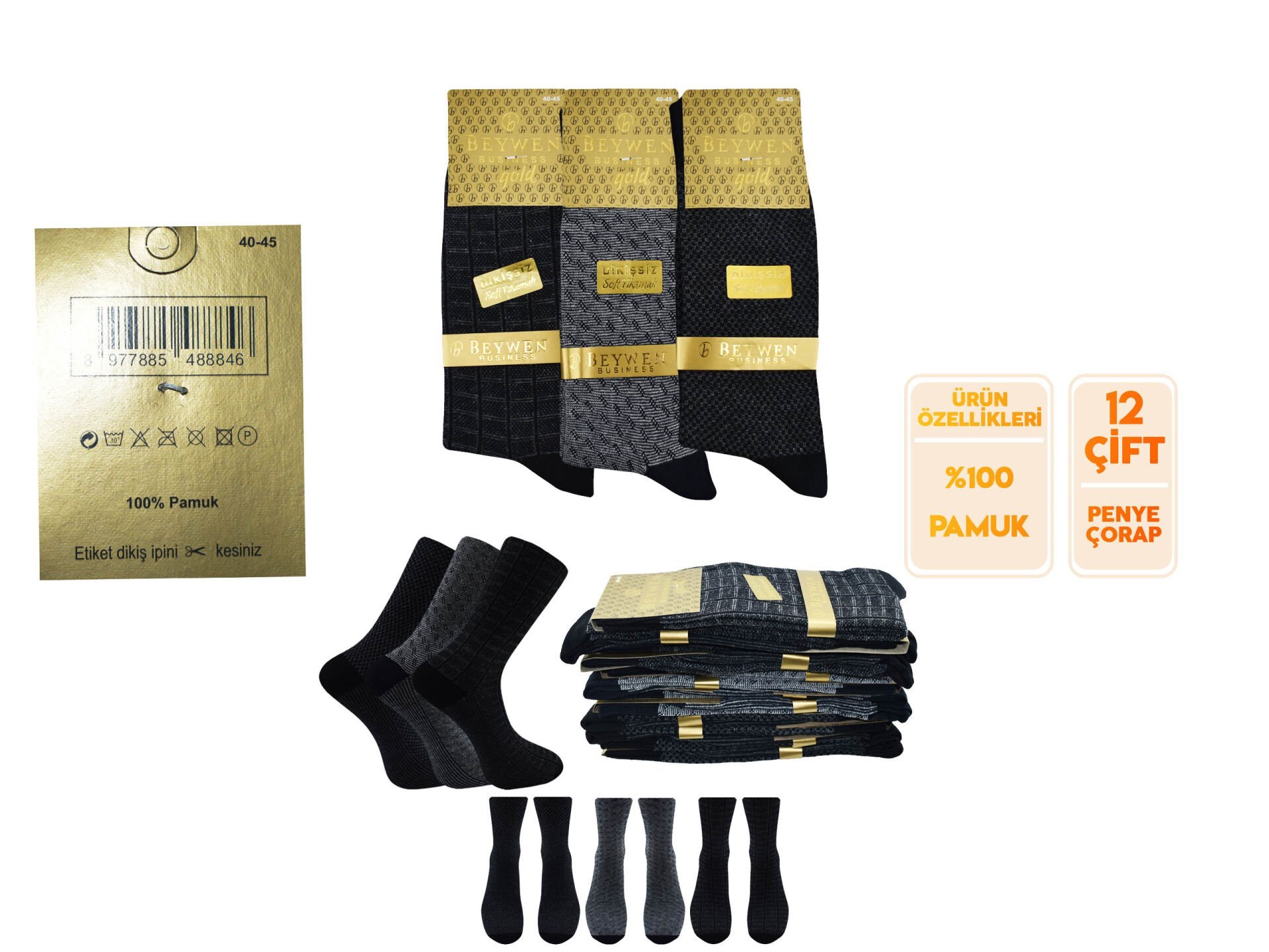 Gülsa Beywen (40-45) %100 Pamuk Jakarlı Erkek Penye Çorap 12'li