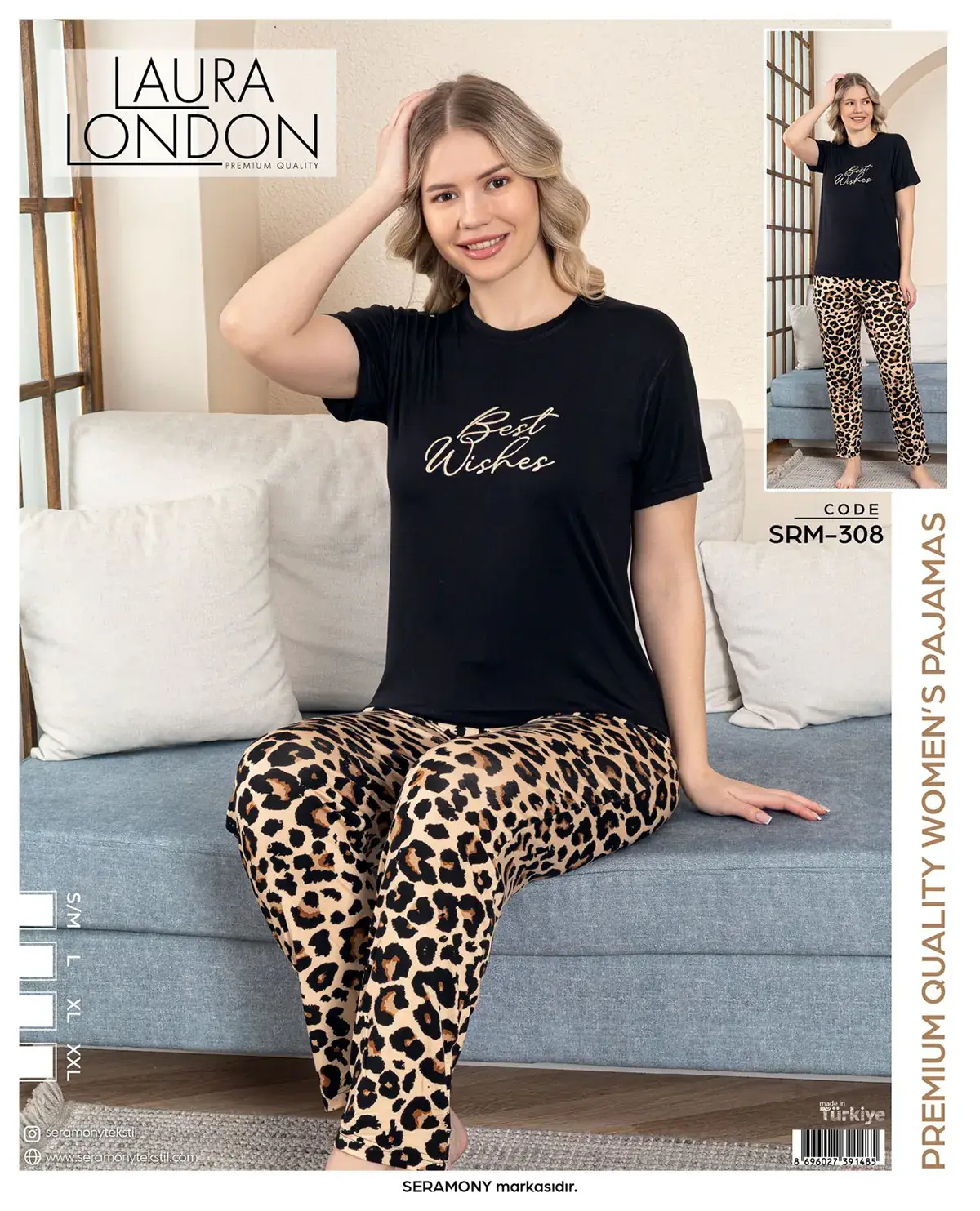 Laura London 308 (S-M-L-XL-XXL) Ring Viskon Kısa Kollu Bayan Pijama Takım 4'lü