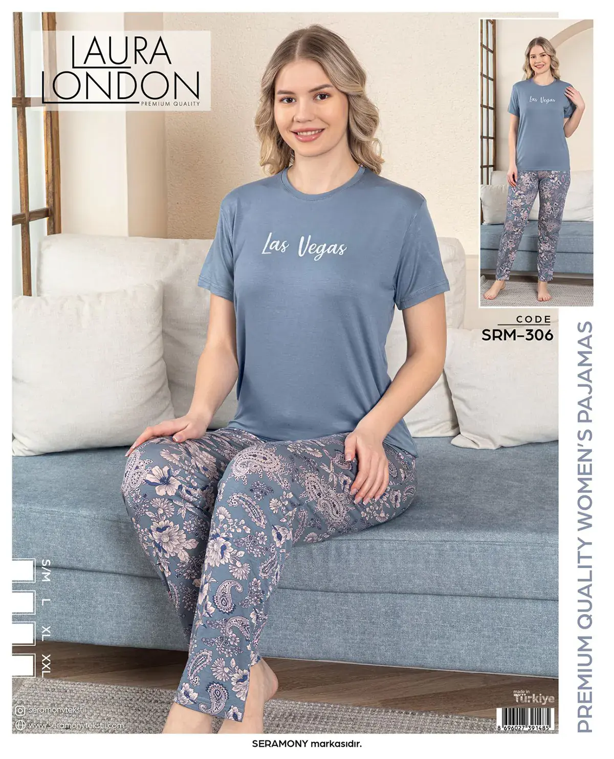 Laura London 306 (S-M-L-XL-XXL) Ring Viskon Kısa Kollu Bayan Pijama Takım 4'lü
