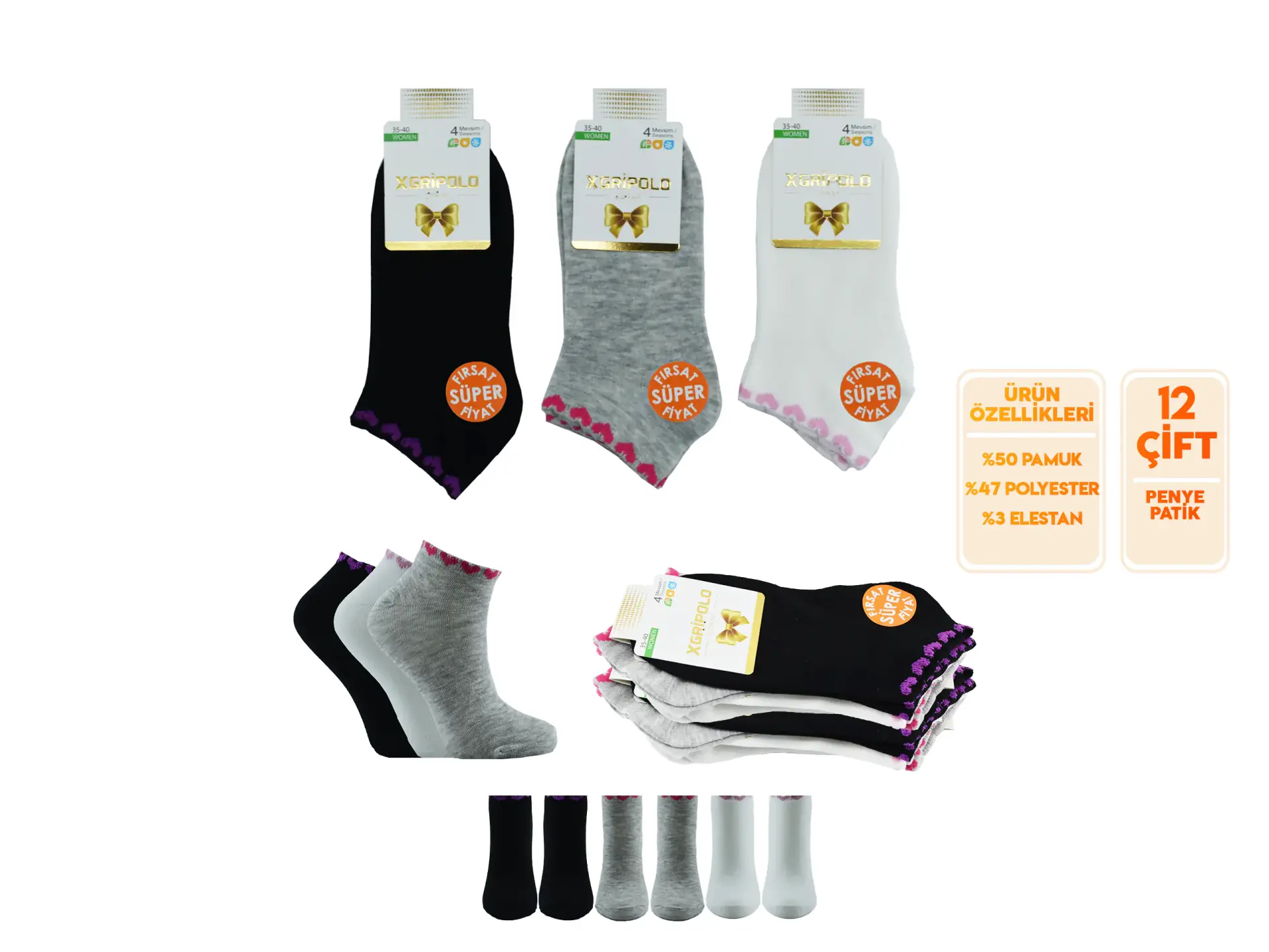 XGRİ POLO 7-3 (35-40) Bayan Organik Pamuk Penye Patik 12'li