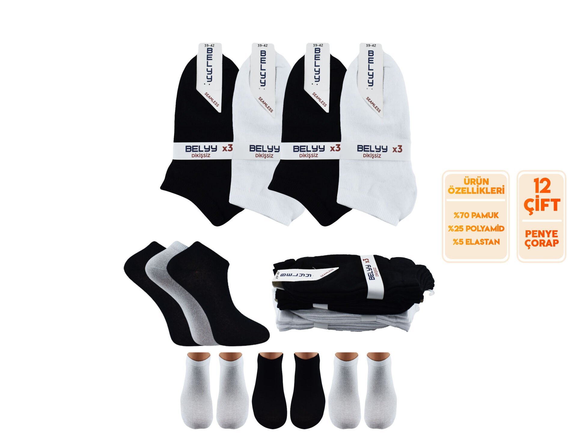 BELYY (39-42) Dikişsiz Unisex Patik Çorap 12'li