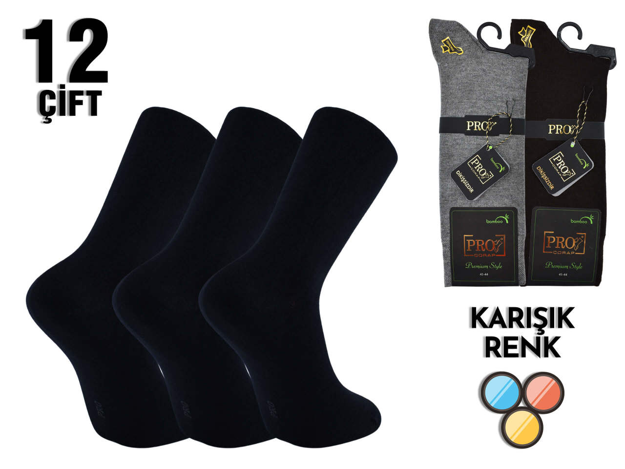 PRO 17604 Dikişsiz Likralı Erkek Bambu Çorap 12'li