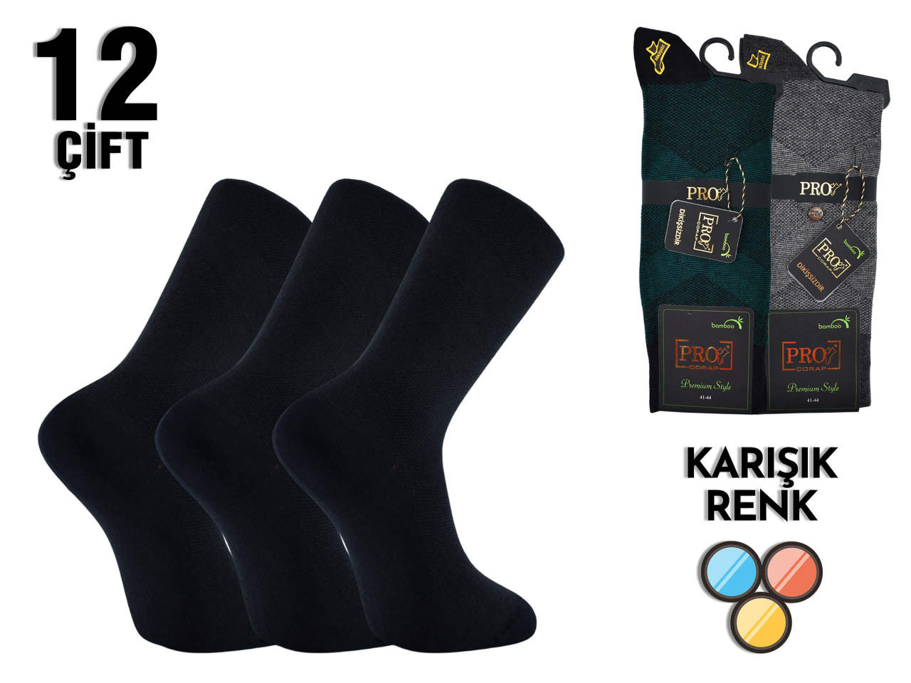 PRO 17630 Dikişsiz Likralı Erkek Bambu Çorap 12'li