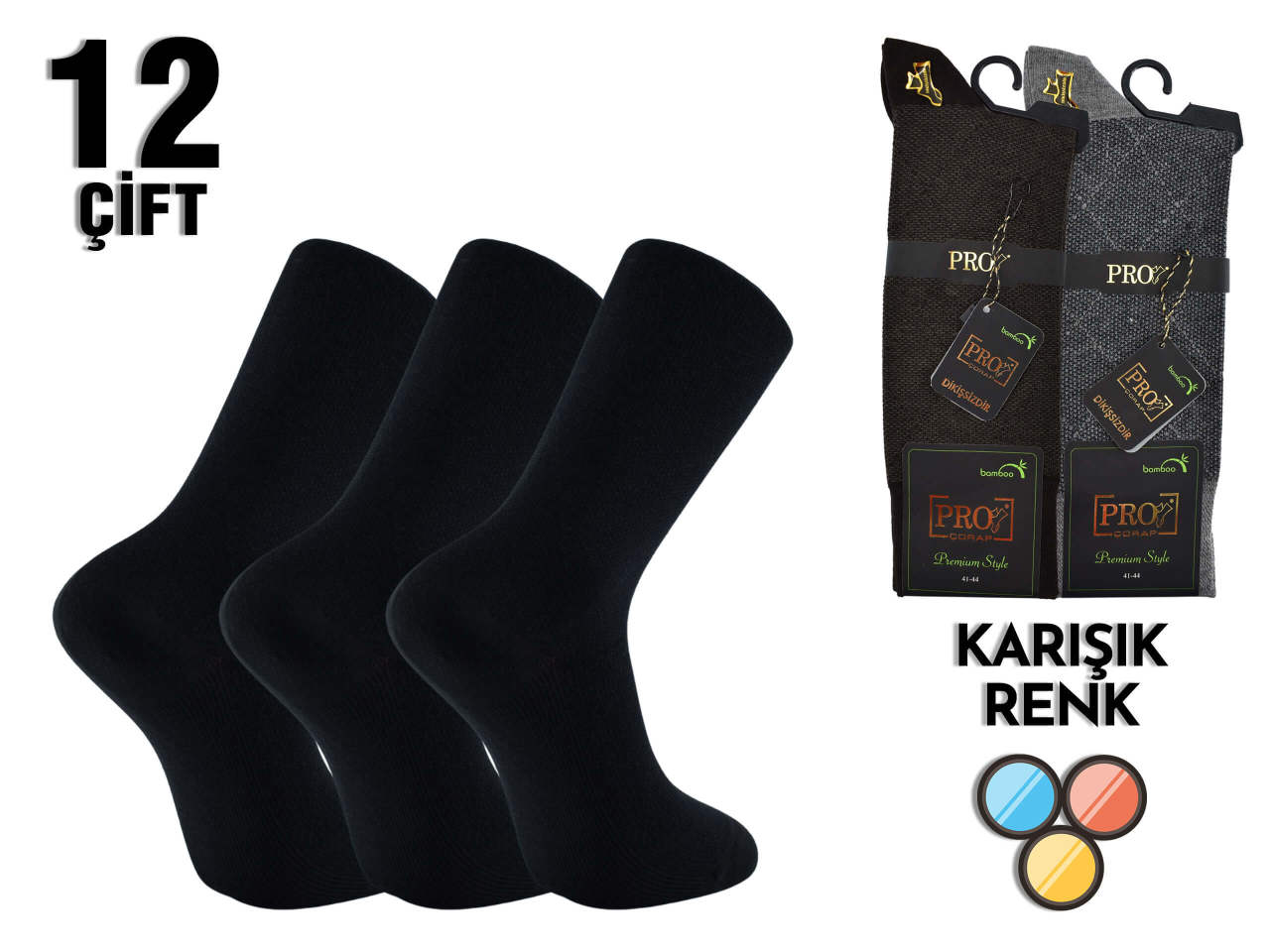 PRO 17637 Dikişsiz Likralı Erkek Bambu Çorap 12'li
