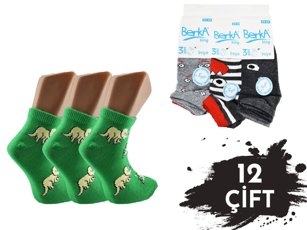 Berka Yıkamalı Kız Erkek Desenli Çocuk Patik 12'li