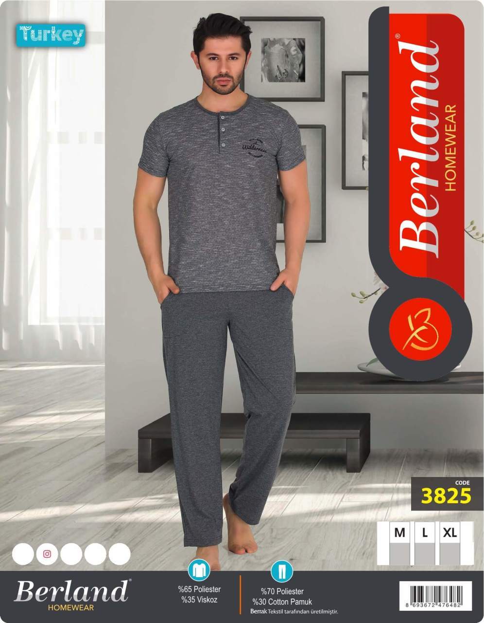 Berland 3825 Jakarlı Kısa Kol Erkek Pijama Takımı