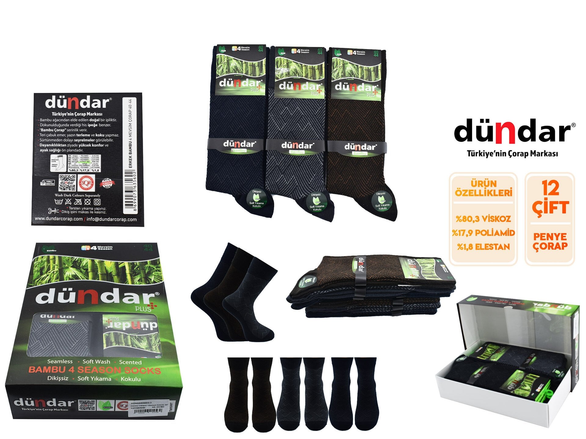 Dündar Dikişsiz Yıkamalı Kokulu Jakarlı Erkek Likralı Bambu Çorap 12'li