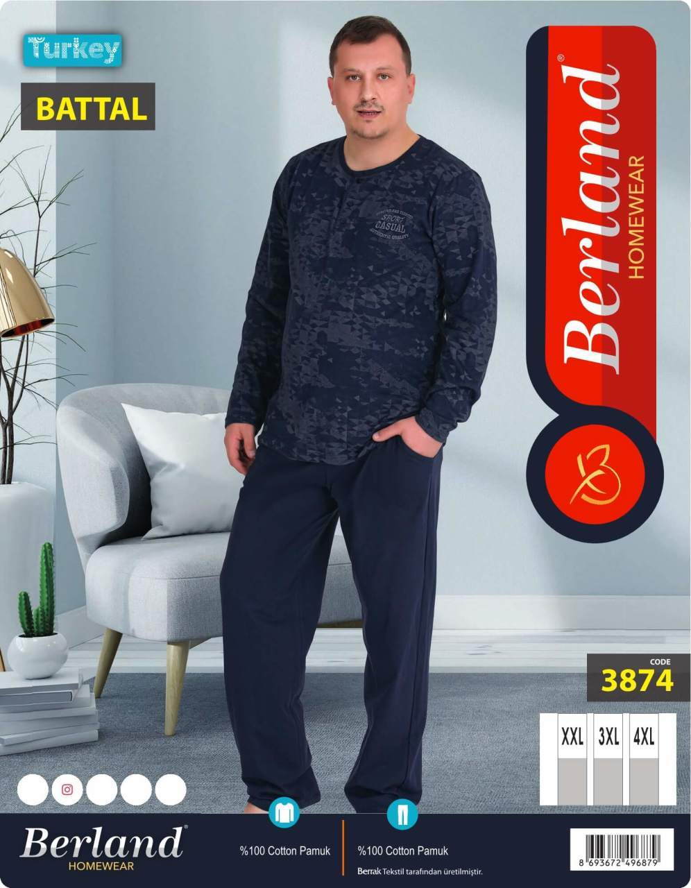 Berland 3874 Jakarlı Uzun Kol Battal Erkek Pijama Takımı