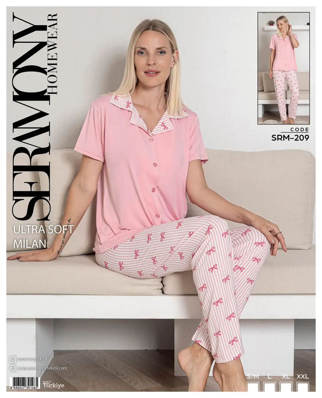 Seramony 209 (S-M-L-XL-XXL) Soft Milan Kısa Kollu Boydan Düğmeli Bayan Pijama Takım 4'lü