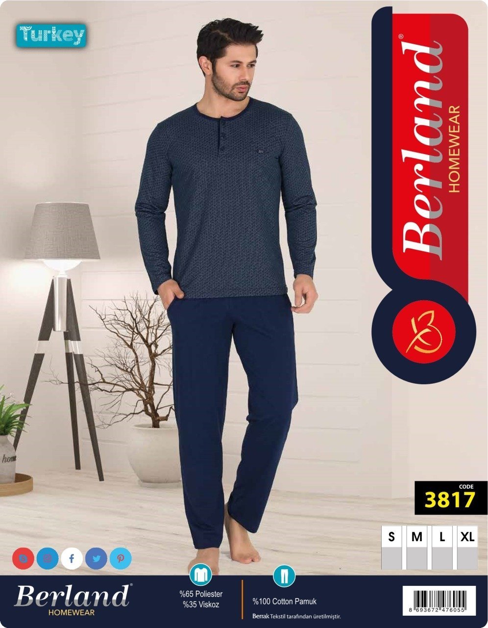 Berland 3817 Erkek Jakarlı Uzun Kol Pijama Takımı