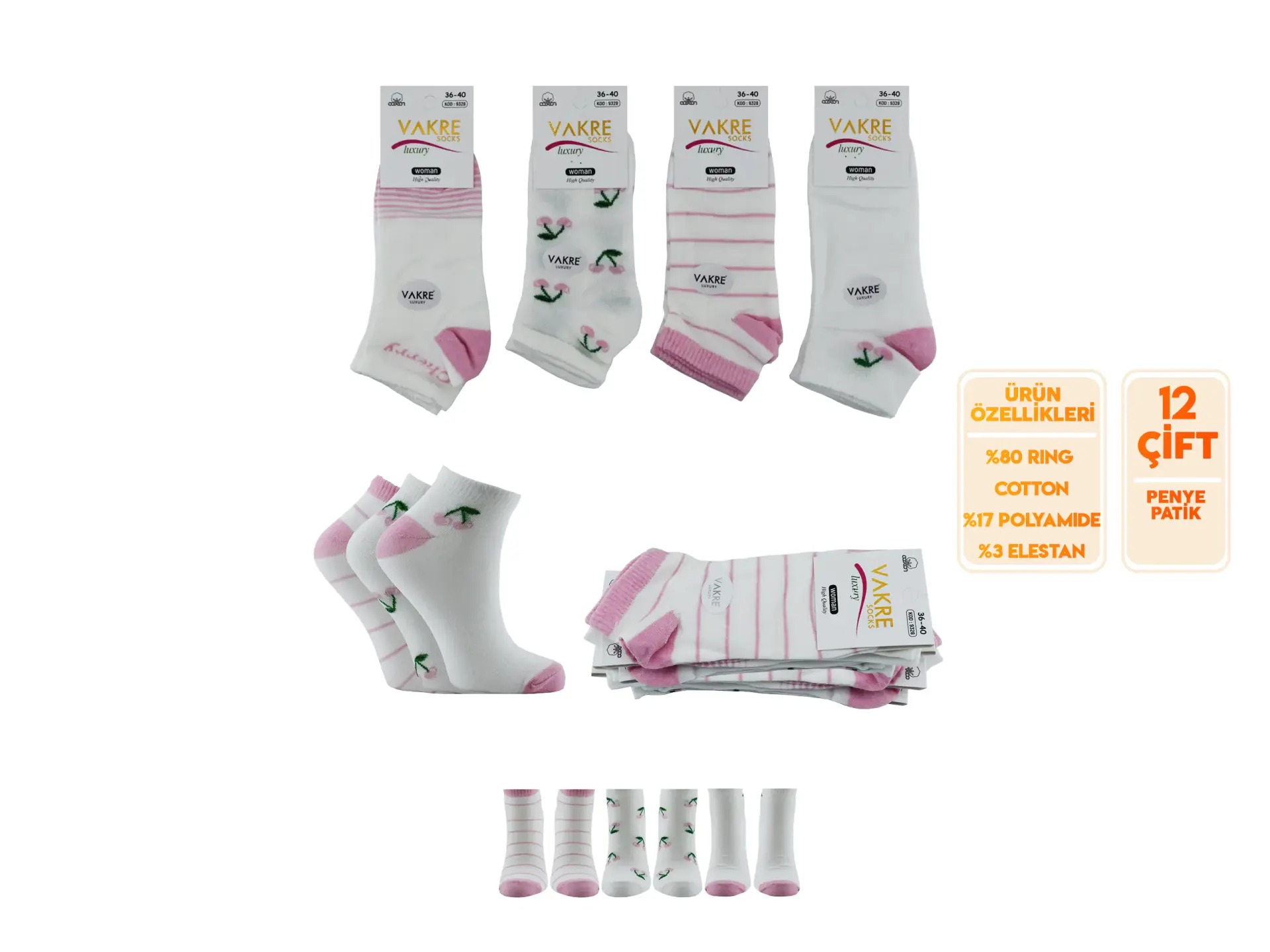 Vakre 9328-39 (36-40) Bayan Penye Patik Çorap 12'li