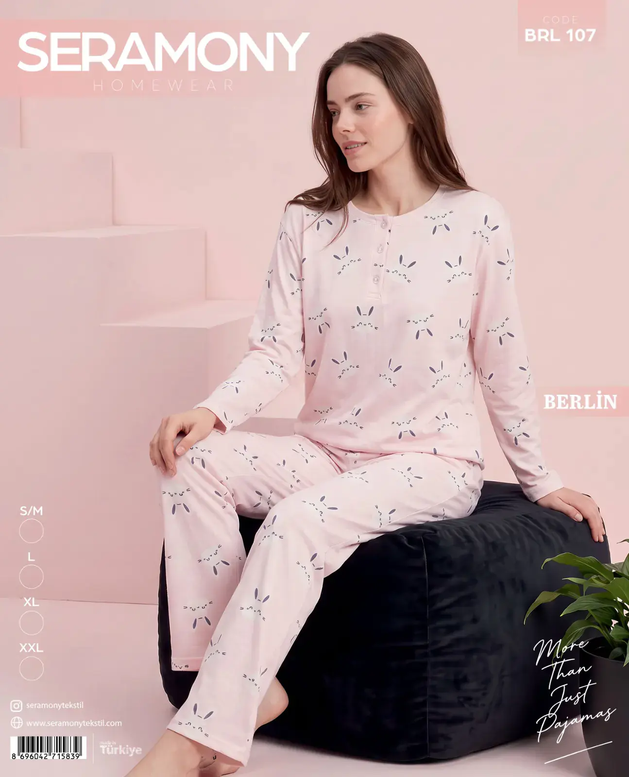 Seramony 107 (S-M-L-XL-XXL) Berlin Üç Düğmeli Bayan Uzun Kollu Pijama Takım 4'lü