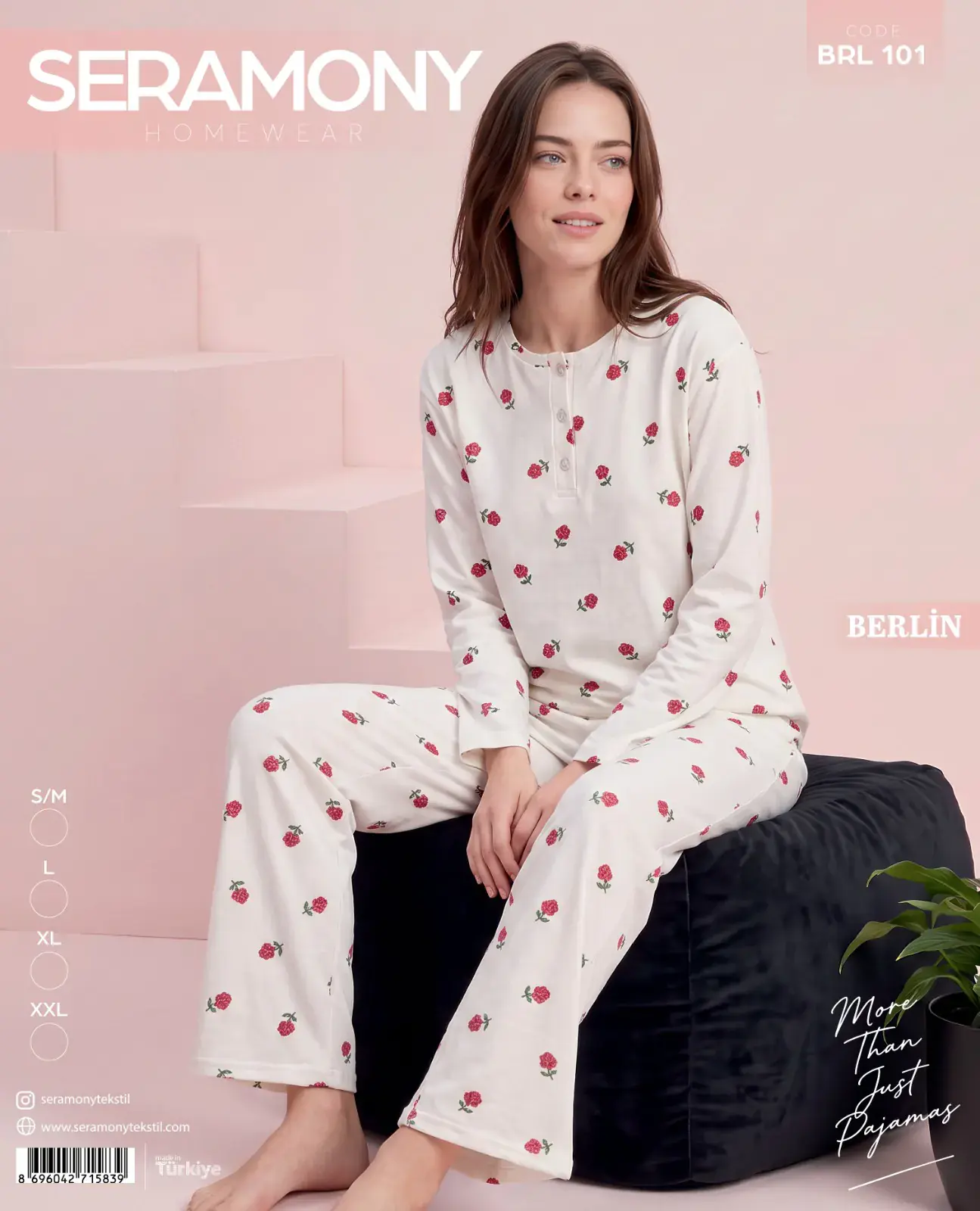Seramony 101 (S-M-L-XL-XXL) Berlin Üç Düğmeli Bayan Uzun Kollu Pijama Takım 4'lü