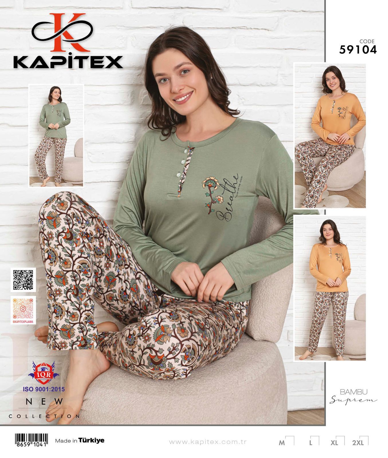 Kapitex 59104 Bambu Ring Viskon Bayan Uzun Kol Pijama Takım 4'lü